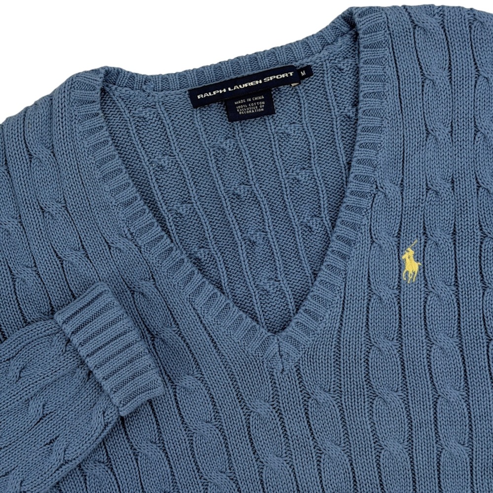 Vintage Ralph Lauren Cable Knit Sweater Women M Blue V-Neck Cotton Pony Preppy